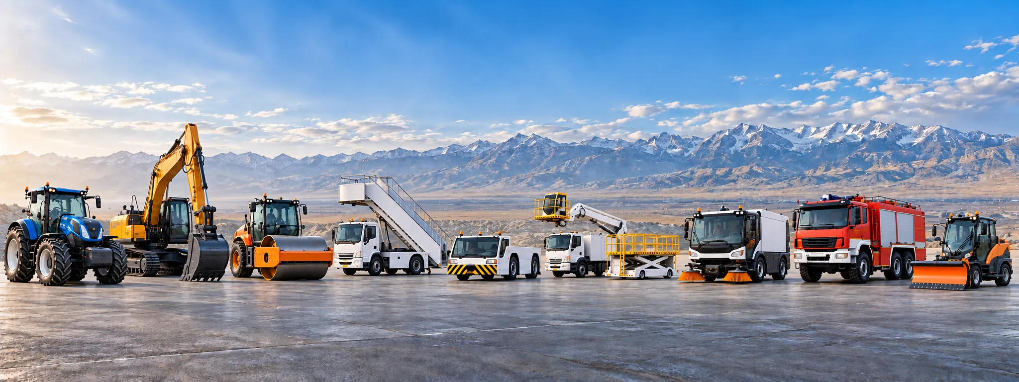 Illustration of agricultural, construction, quarry, airport, municipal, fire and rescue, and multifunctional equipment against a mountain landscape
